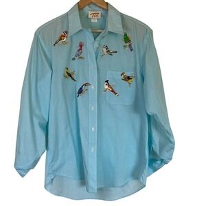 VTG Tia Designs Pompano Beach Blue Gingham Check Button Up Bird Shirt Size‎ L